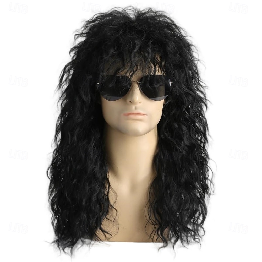 Herenpruik uit de jaren 80, lange zwarte krullende mulletpruik, herenkostuum, heavy metal rocker voor verkleedfeestjes en cosplay. 2026 - $32.99 –P1