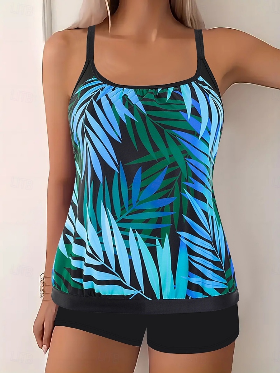 Bañador de tankini de 2 piezas para mujeres leopardo pantalones cortos control de abdomen alta cintura delgado espalda descubierta para vacaciones playa hojas cuello redondo sin mangas 2026 - $33.99 –P4