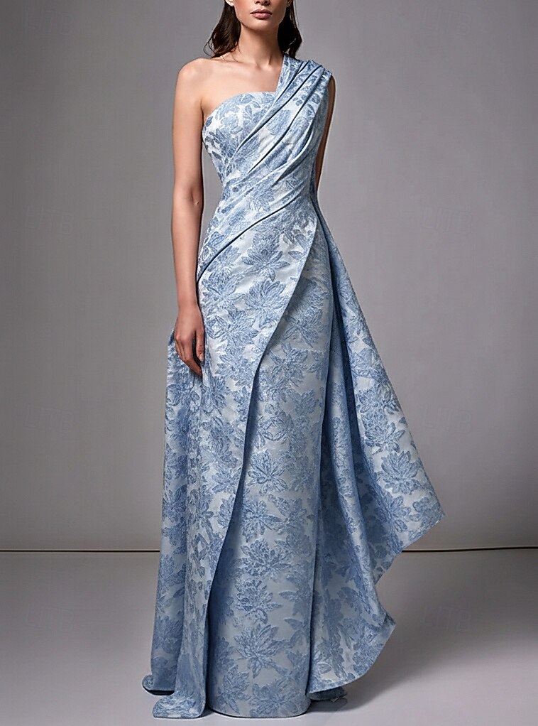 Corte A Hasta el Suelo Vestidos de noche Corte Cenicienta Vestimenta formal Elegante Floral Sin Mangas Un Hombro Boda Formal Bolsillo Jacquard con Estampado flor Volantes 2026 - $195.99 –P1