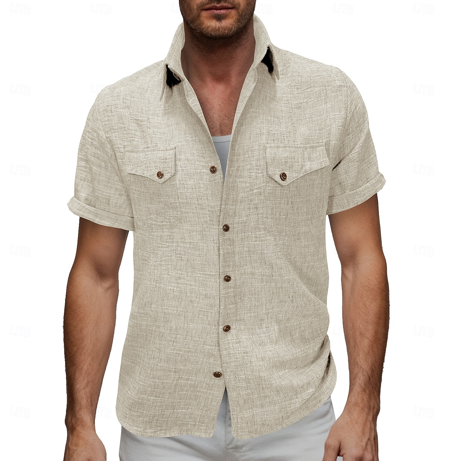 Voor heren Overhemd Linnen overhemd Zomer overhemd Strand Kleding Effen Kleur Casual Vakantie blauw Marineblauw Hemelsblauw Abrikoos Korte mouw Overhemdkraag Zomer Lente Kleding 2026 - $25.99 –P10