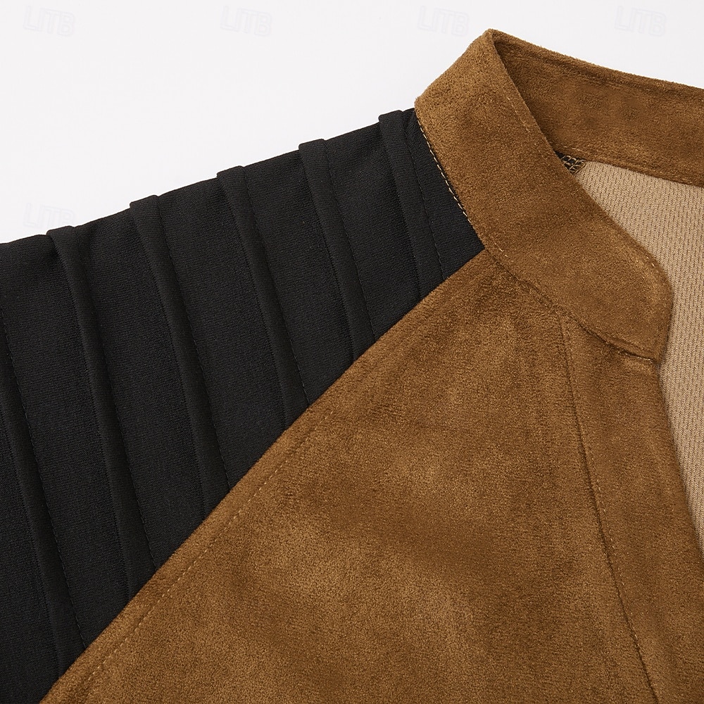 Pánské tričko s dlouhým rukávem z imitace semiše, výstřih do V, vrásněný design, skladané topy, podzim/zima, barevné bloky, vintage, denní, retro, nabírané, barevné bloky, outdoor, street, ležérní, modrá, hnědá, khaki 2026 - $29.99 –P12