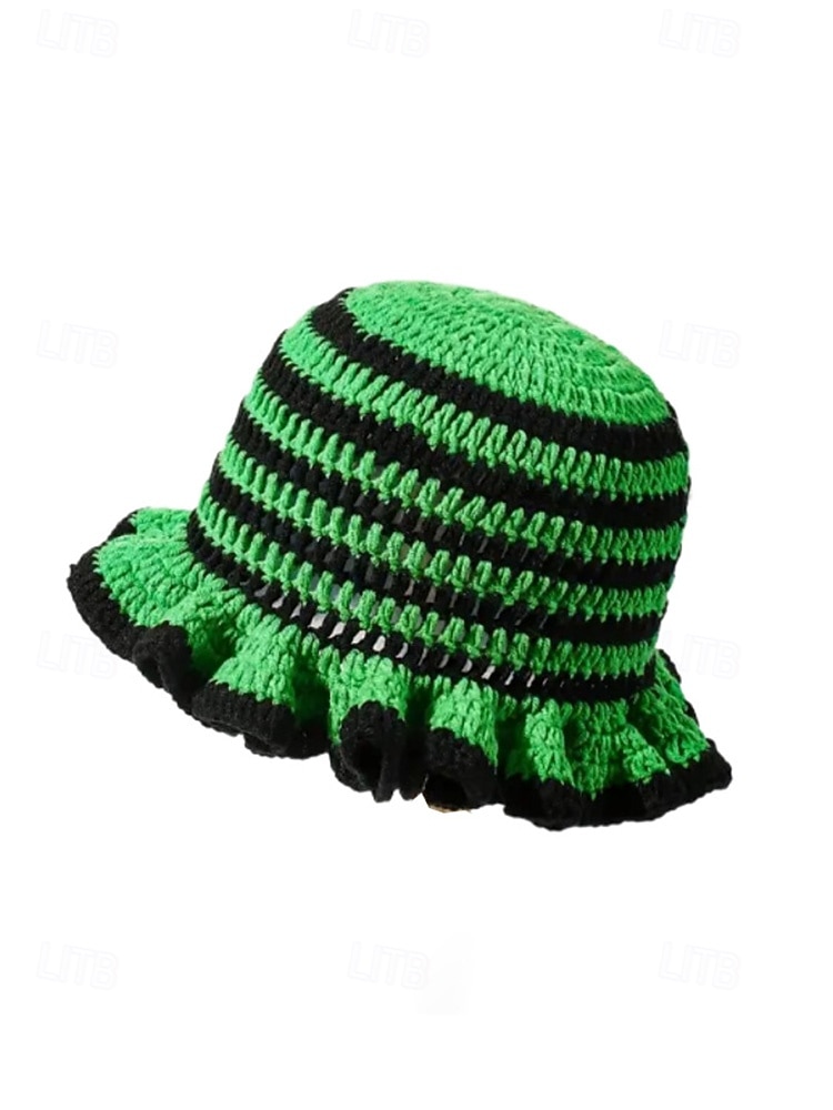 2026年 女性用クロシェラッフルバケットマルディグラハット – カーニバル、コスチュームパーティー、ボヘミアンシックスタイル用の多色レインボーニットフェスティバルキャップ  コレクション – $14.99 –P9