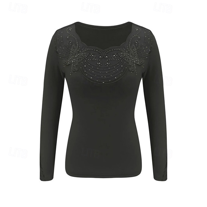 Valentine's Day Women's Blouse Tight Tops Sequin Tops Glitter Mesh Solid Color Stylish Sexy Casual Long Sleeve Crew Neck Regular Tops Daily Holiday Going out Black Spring Fall 2026 - $23.99 –P3
