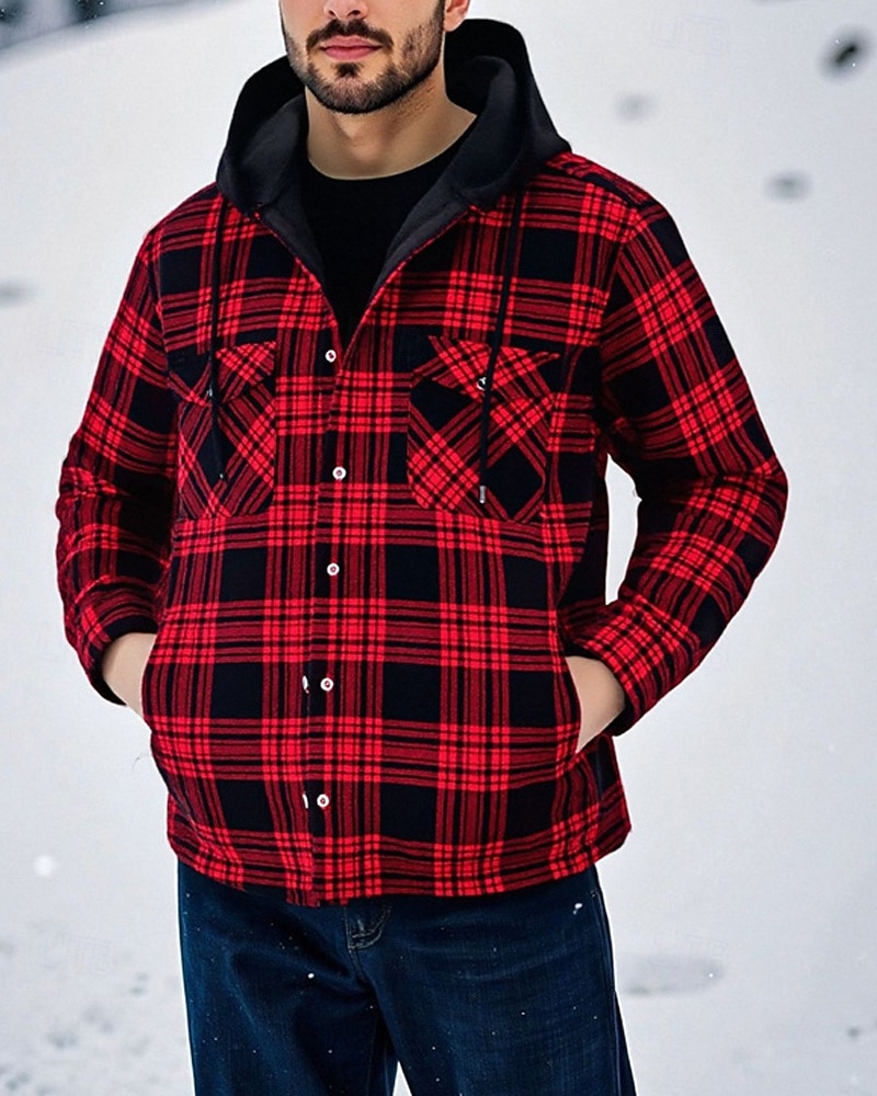 Herren Wintermantel Hemdjacke Fleecejacke Freizeitjacke Lässig Täglich Thermowarm Tasche Herbst Winter Karomuster Streetwear Täglich Mit Kapuze Regulär Blau Schwarz Weiß Rote Dunkelgrün Jacken 2026 - $31.99 –P6
