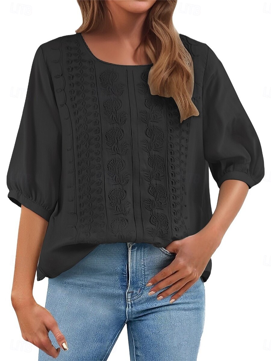Mulheres Blusa Linho de algodão sintético Bordado Floral à moda Casual Manga 3/4 Gola Redonda Tops regulares Diário Azul Preto Rosa Verde Verão Primavera de 2026 por $21.99 –P5