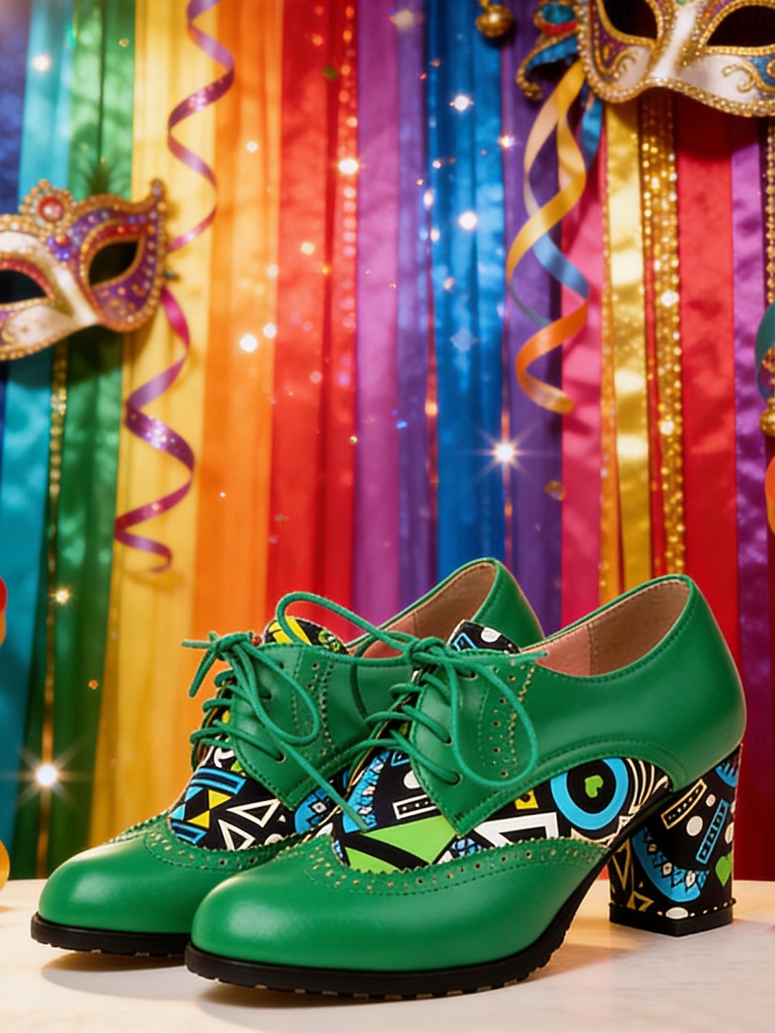 Kvinnors Mardi Gras Gröna Snörning Knasiga Mönstrade Klackar Oxford – Färgglad Karneval Stil Perfekt för Festivalfirande Rolig  Vibrant Look 2026 - $54.99 –P3