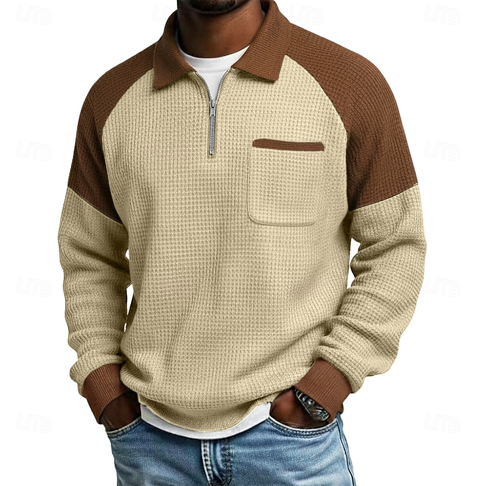Pánské Vaflové tričko Polo na zip Dlouhý rukáv Polo límec Svetr Čtvrtletní zip Podzim Podzim zima Pevná barva Barevné bloky Tradiční a retro Na běžné nošení Slátanina Barevné bloky Ležérní Dom 2026 - $24.99 –P1