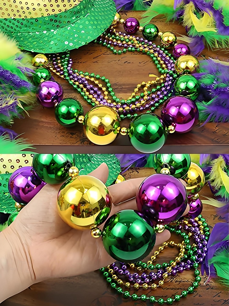 Dámská sada plastových náhrdelníků s korálky na Mardi Gras - barevné zelené fialové a zlaté perfektní pro karnevalové a maškarní párty 2026 - $14.99 –P5