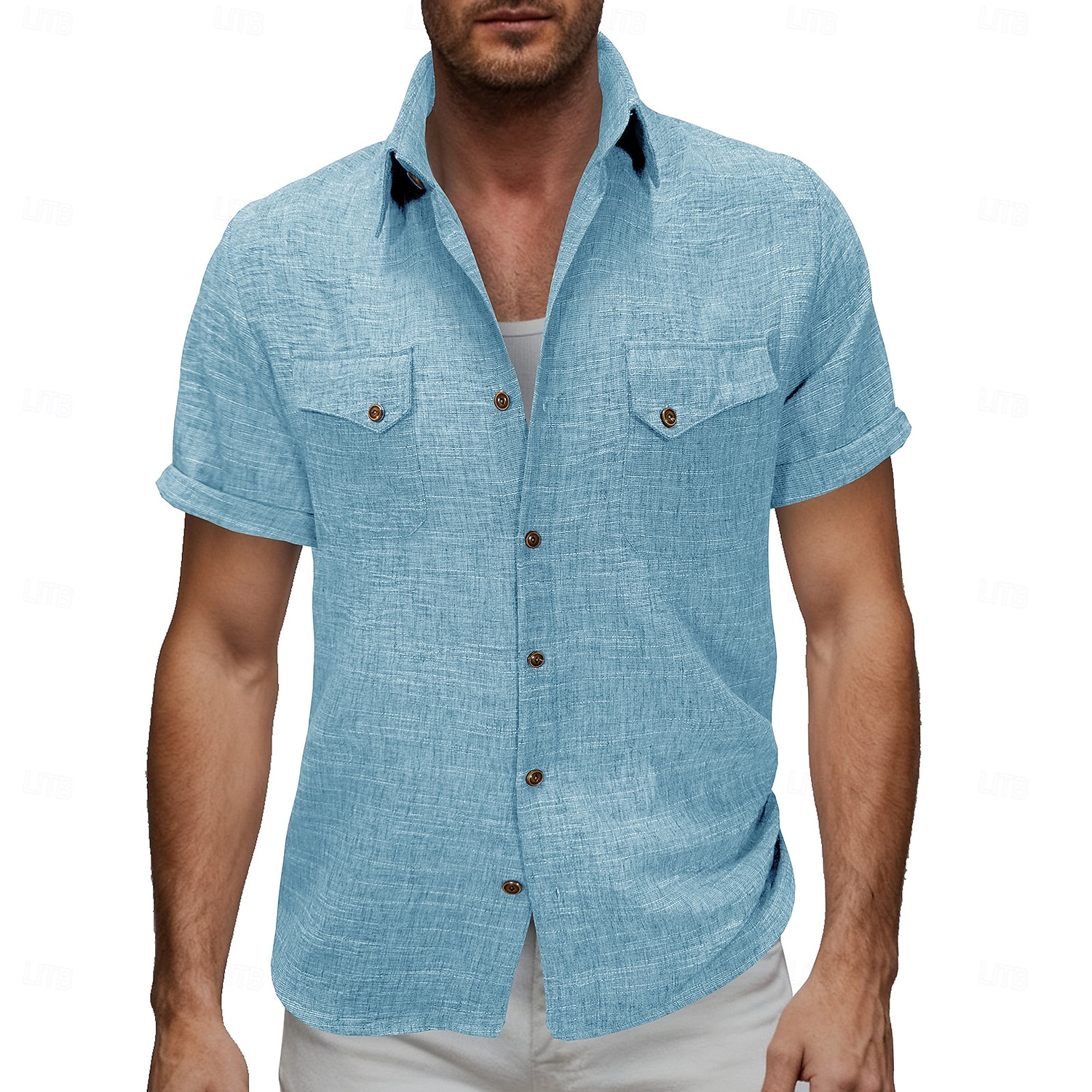 Voor heren Overhemd Linnen overhemd Zomer overhemd Strand Kleding Effen Kleur Casual Vakantie blauw Marineblauw Hemelsblauw Abrikoos Korte mouw Overhemdkraag Zomer Lente Kleding 2026 - $25.99 –P11