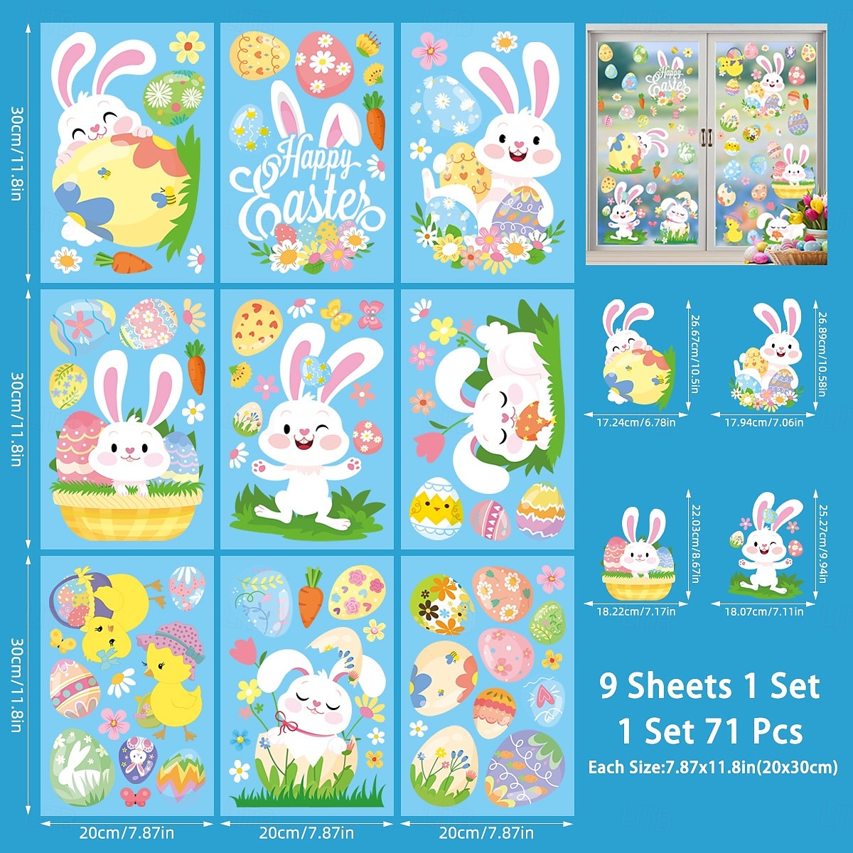 9 ark påskeklistremerker til vinduer, søt statisk klistremerke med kanin og egg til vinduer og glassutstillinger 2026 - $9.99 –P7