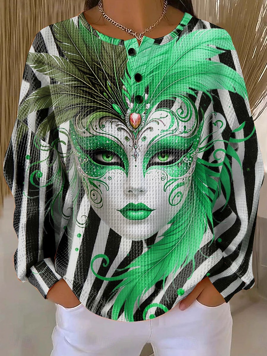 Carnival Women's Pullover Sweatshirt Graphic Striped Abstract Warm Classic Casual Long Sleeve Crew Neck Regular Tops Casual Street Dailywear Buttons Print Blue Yellow Pink Purple Green Spring 2026 - $28.99 –P3