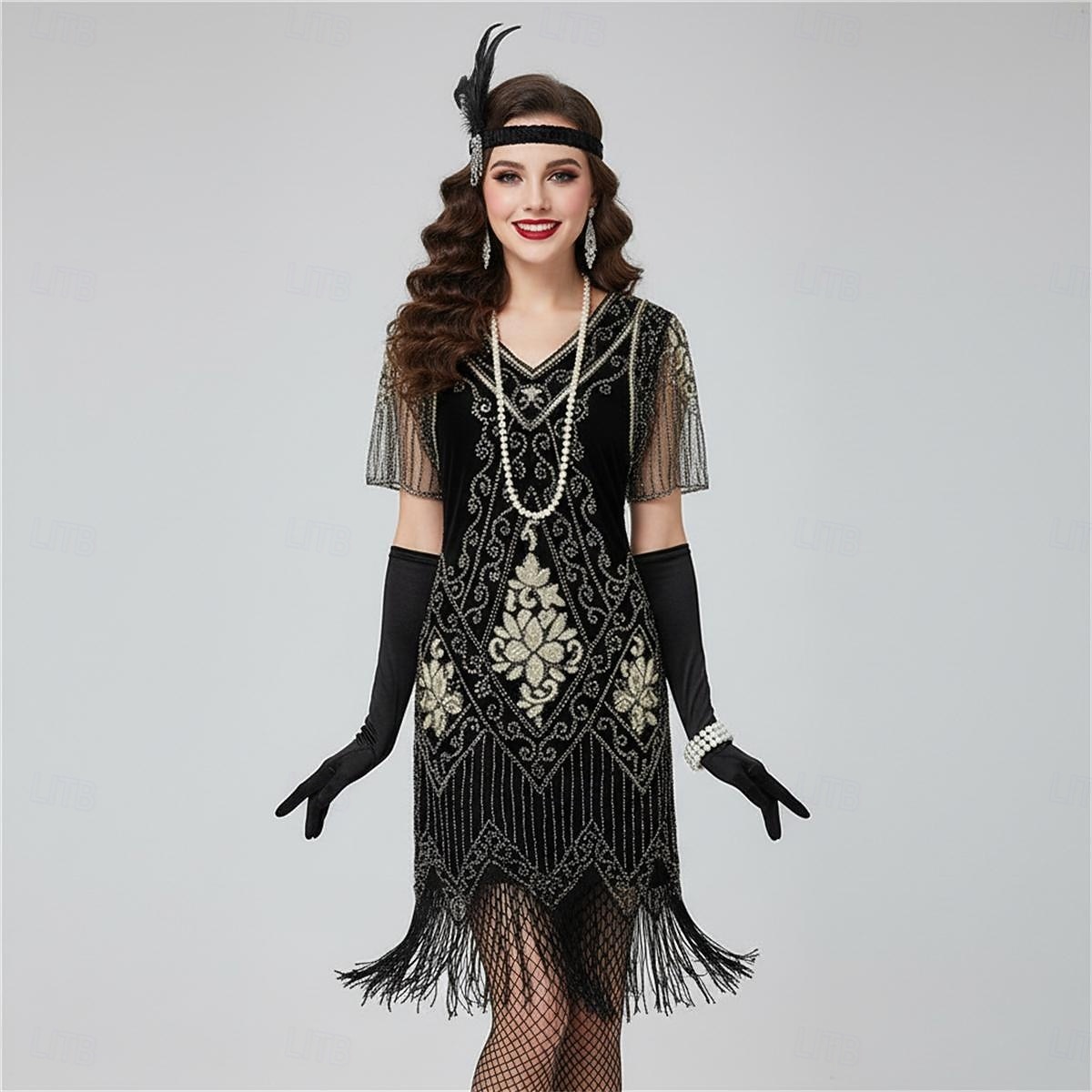 Setti Möly 20s 1920-luku Mekko Coctail-asu lisävarusteiden kanssa Suuri Gatsby Flapper tyttö Paljetti Tupsu Tupsuhapsut Paljetti Naamiaispuku Naisten Naamiaisasut Uusi vuosi salakapakka 2026 - $90.99 –P1