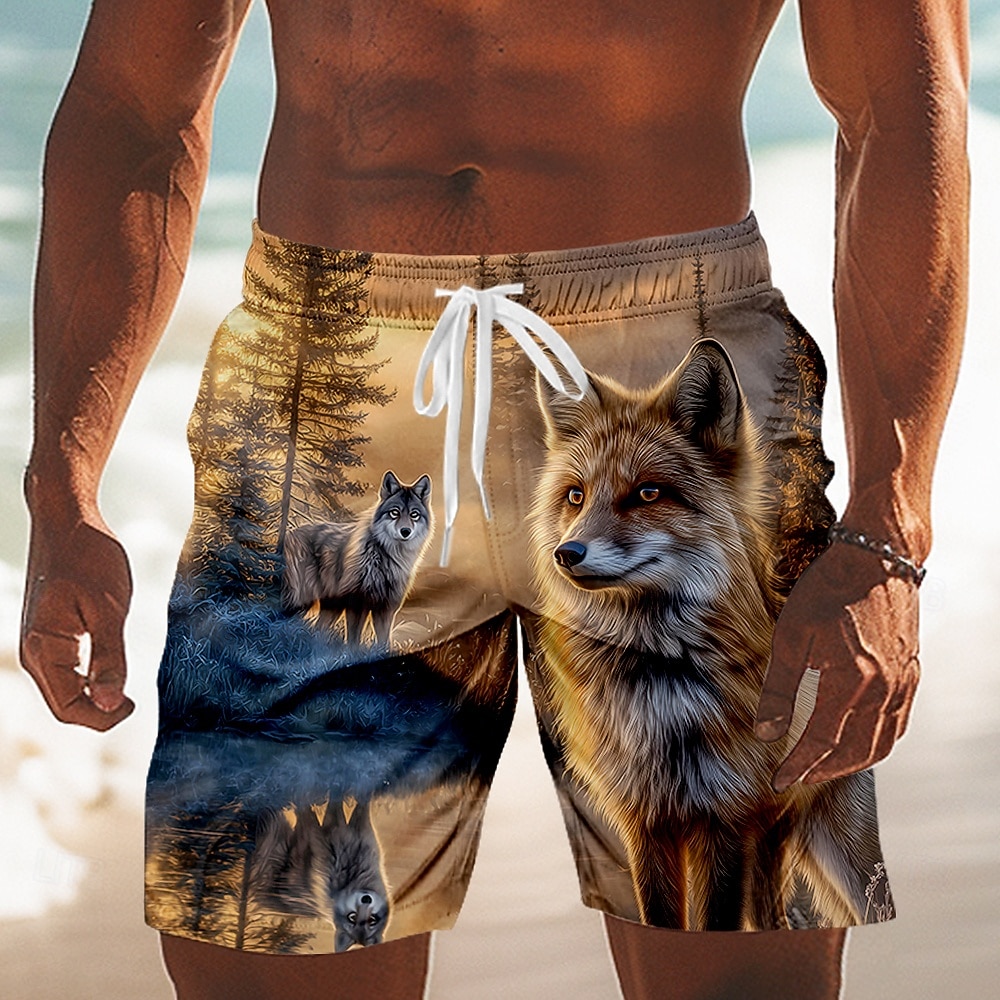 Men's Fox Wolf Nature & Landscapes Swim Trunks Swim Shorts Board Shorts Mid Waist Retro Vintage Outdoor Vacation Side Pockets Mesh Lining Elastic Drawstring Waist Designer Clothing Apparel 2026 - $20.99 –P1