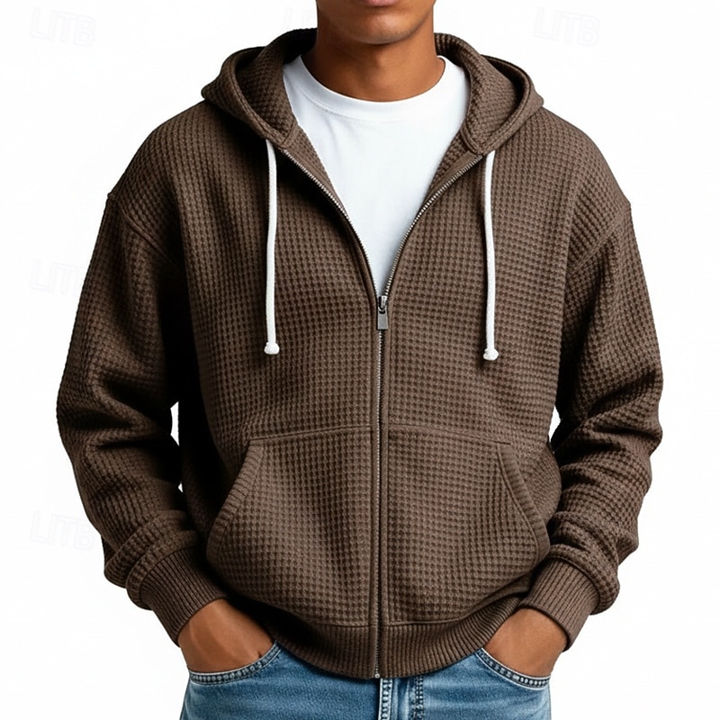 Herr Huvtröja Huvtröja med dragkedja Våffla hoodies Ljusgrå Huva Slät Dragkedja Strukturerad Ledigt Dagligen Sport & Utomhus Streetwear Häftig Sportkläder Vår & Höst Kläder Pull Tröjor Långärmad Lös 2026 - $28.99 –P6