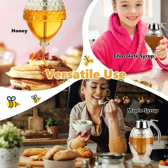 Dozator de miere din sticlă fără picurare cu capac din plastic, dozator de sirop, borcan de miere cu cioc de turnare ușor, fără mizerie și convenabil pentru bucătărie, masă și micul dejun 2026 - $4.99 –P8