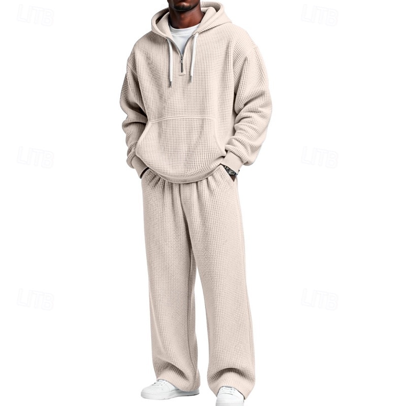 Homens Moletom Moletons Waffle Moletom com capuz e calças Conjunto Capuz Diário Ao ar livre Férias Roupa Diária Com Cordão Half Zip Tecido Vermelho Vinho Preto Branco Roupas Esportivas Esportes Moda de 2026 por $60.99 –P14