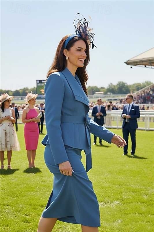 Tweedelig Strak kolom Jurken Over de knie Derby-jurk Moeder van de bruid jurk Lange mouw Overhemdkraag Elegant Kentucky Derby Stretch crêpe met Sjerp / Lint Strik(ken) 2026 - $183.99 –P3