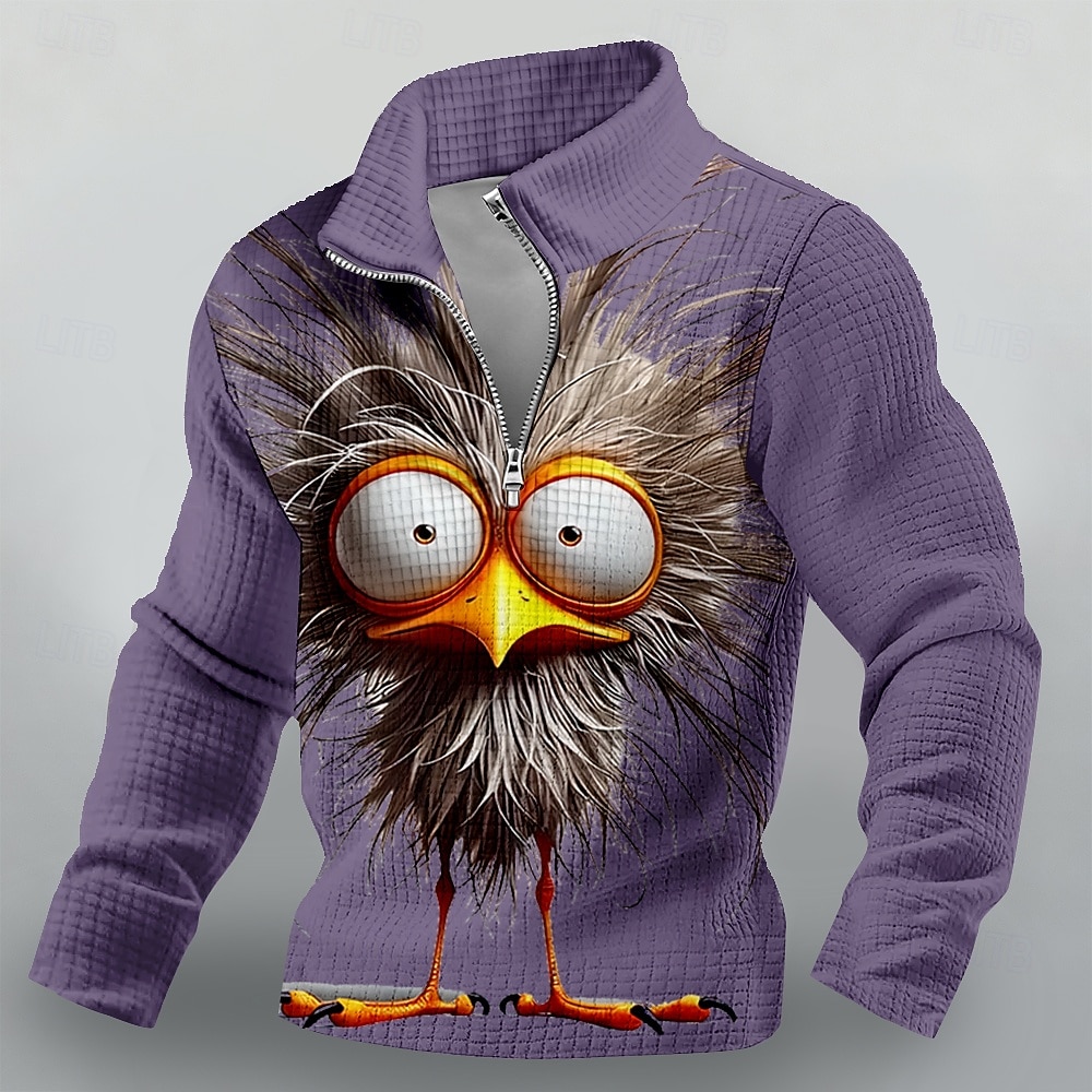 Sweat-shirt homme à col zippé, imprimé oiseau 3D aux grands yeux, maille gaufrée, manches longues, style décontracté, tailles S, M, L, XL, XXL, XXXL de 2026 ? $32.99 –P4