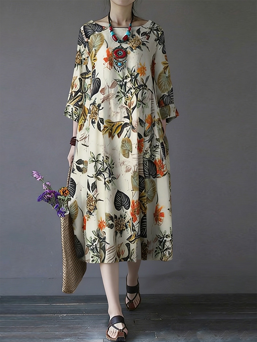 Femmes Robe maxi Coton mélangé Robe fourreau Robe Décontractée Basique Occasionnel Quotidien Vacances Coupe régulière Fleuri manche longue Col ras du cou Magenta bleu marine Orange Été de 2026 ? $28.99 –P3
