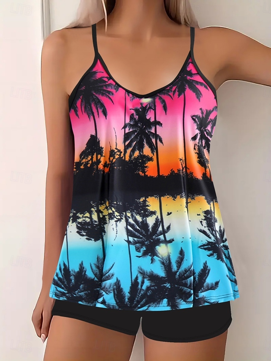 Women's Tankini 2 Piece Swimsuit Palm Boy Leg Tummy Control High Waist Slim Backless Vacation Beach Wear Floral Sunflower V Neck Sleeveless Bathing Suits 2026 - $25.99 –P1
