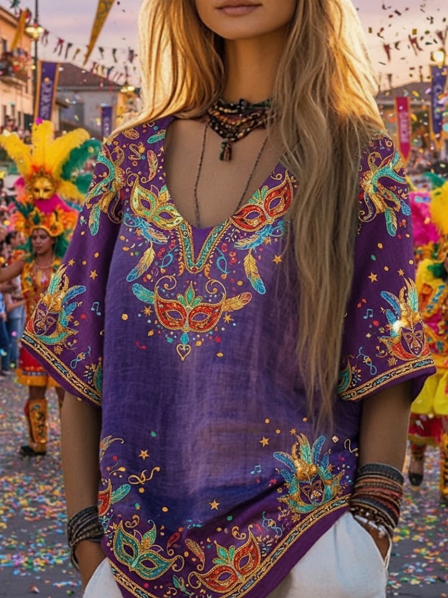 Martedì grasso Per donna Maglietta bohémien Maglietta Stampato Grafico Vintage Elegante Etnico Manica Corta Scollo a V Top Regolari Quotidiano Weekend Abbigliamento da vacanza Lavanda Viola Viola del 2026 a $19.99 –P3