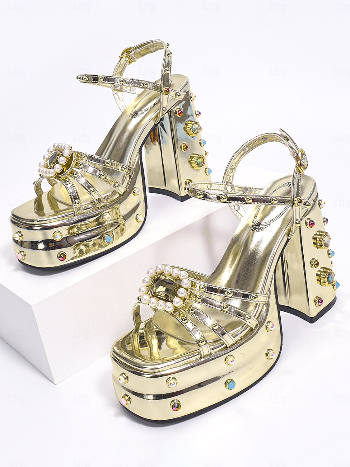 Damen-Plateausandalen mit klobigem Absatz und Strasssteinen &Perlenschnalle, glamouröse Metallic-Schuhe für Damen, perfekt für Partys im Nachtleben und Karnevalsfeiern. 2026 - $59.99 –P3
