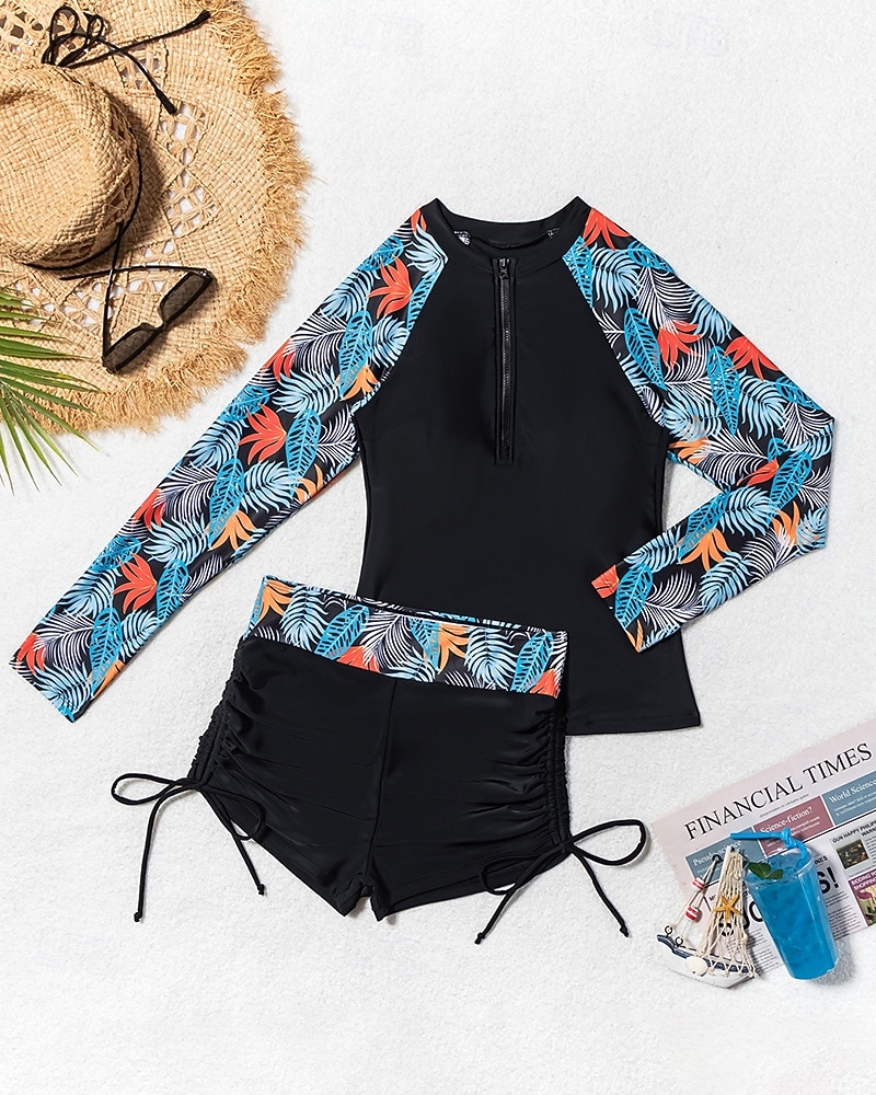 Pentru femei Bariere Iritatie Costum de baie din 2 piese Costume de Baie Floral Costume de Baie Negru UPF 50+ Manșon Lung - Surfing Plajă Înot Vară 2026 - $23.99 –P4