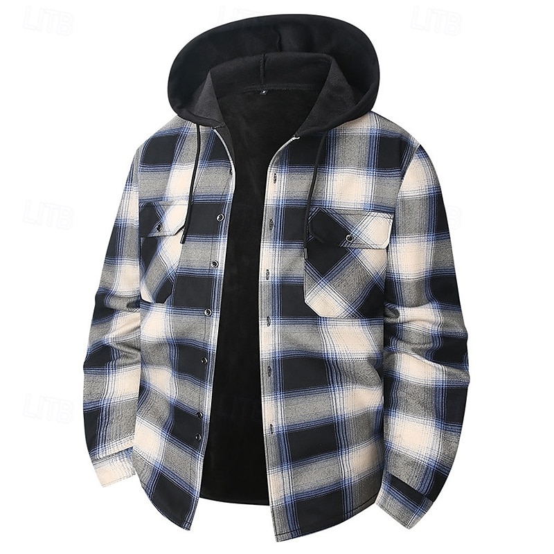 Муж. Зимнее пальто Флисовая жилетка Повседневная куртка Повседневные на открытом воздухе Сохраняет тепло Карман Осень Зима В клетку Уличный стиль Повседневные Капюшон Обычная 2026 - $31.99 –P5