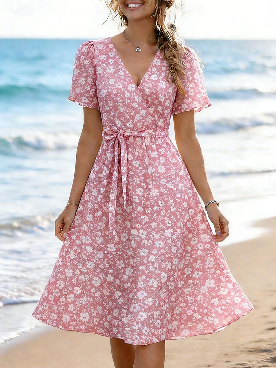 Women's Midi Dress Casual Dress A Line Dress Elegant Vacation Cute Holiday Date Regular Fit Floral Graphic Short Sleeve V Neck Blue Yellow Pink Purple Summer Spring Fall Winter 2026 - $29.99 –P3