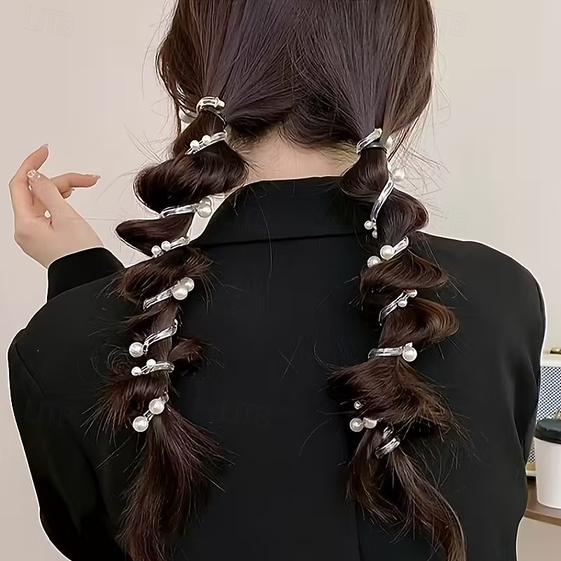 4 יחידות קשרי שיער ספירליים עשויים פנינים מלאכותיות עם רצועת טלפון, כלי צמה בסגנון יפני ליצירת קוקו גבוה, קשר שיער ספירלי מעוטר פנינים לבני נוער ומבוגרים 2026 - $9.99 –P7