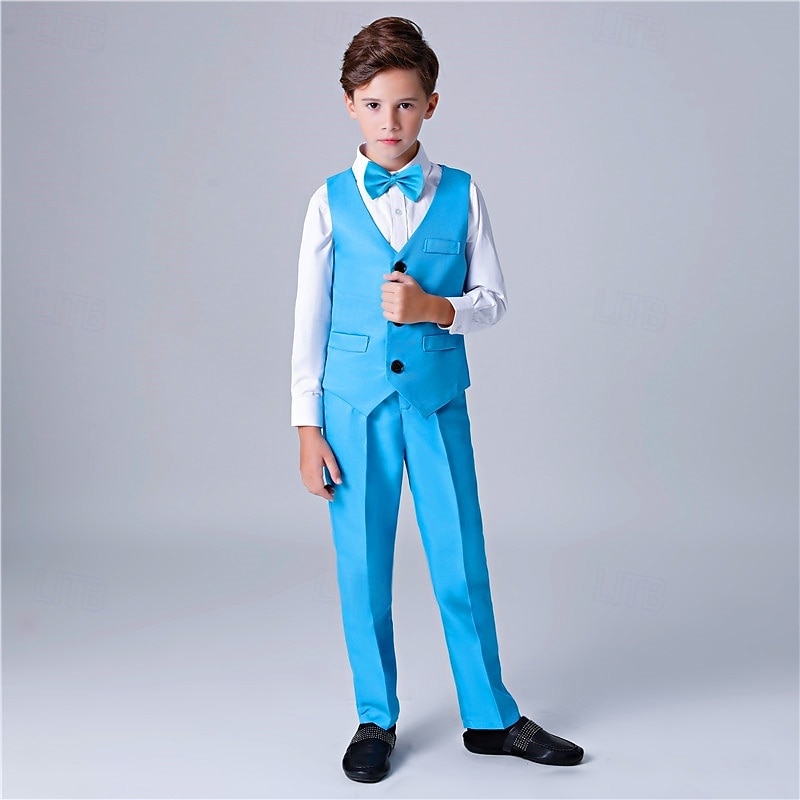 Costume de garçon d'honneur 4 pièces avec gilet & chemise  &Pantalon garçon, costume habillé décontracté, tenue de soirée tendance pour les fêtes en extérieur, basique et élégant, couleur unie bleu, de 2026 ? $33.99 –P6