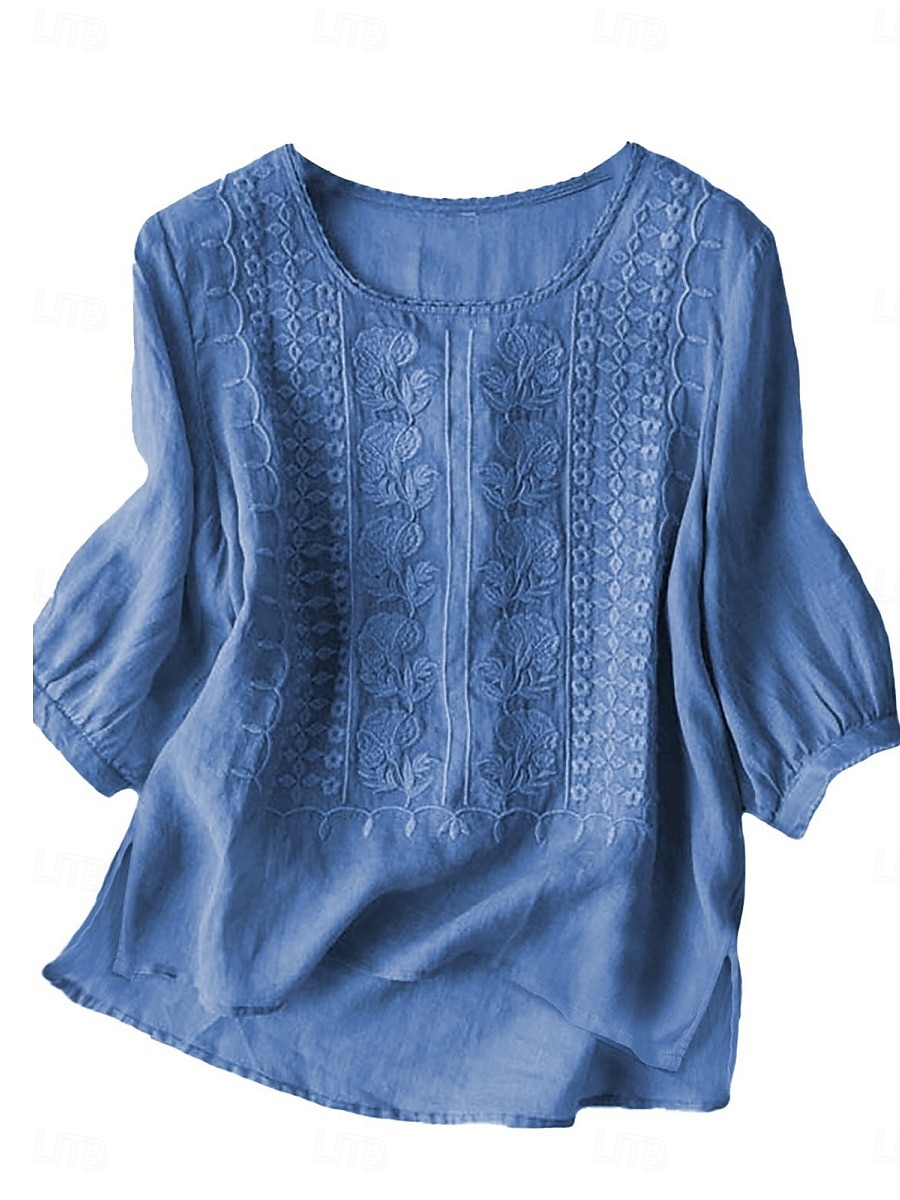 Mulheres Blusa Linho de algodão sintético Bordado Floral à moda Casual Manga 3/4 Gola Redonda Tops regulares Diário Azul Preto Rosa Verde Verão Primavera de 2026 por $21.99 –P2