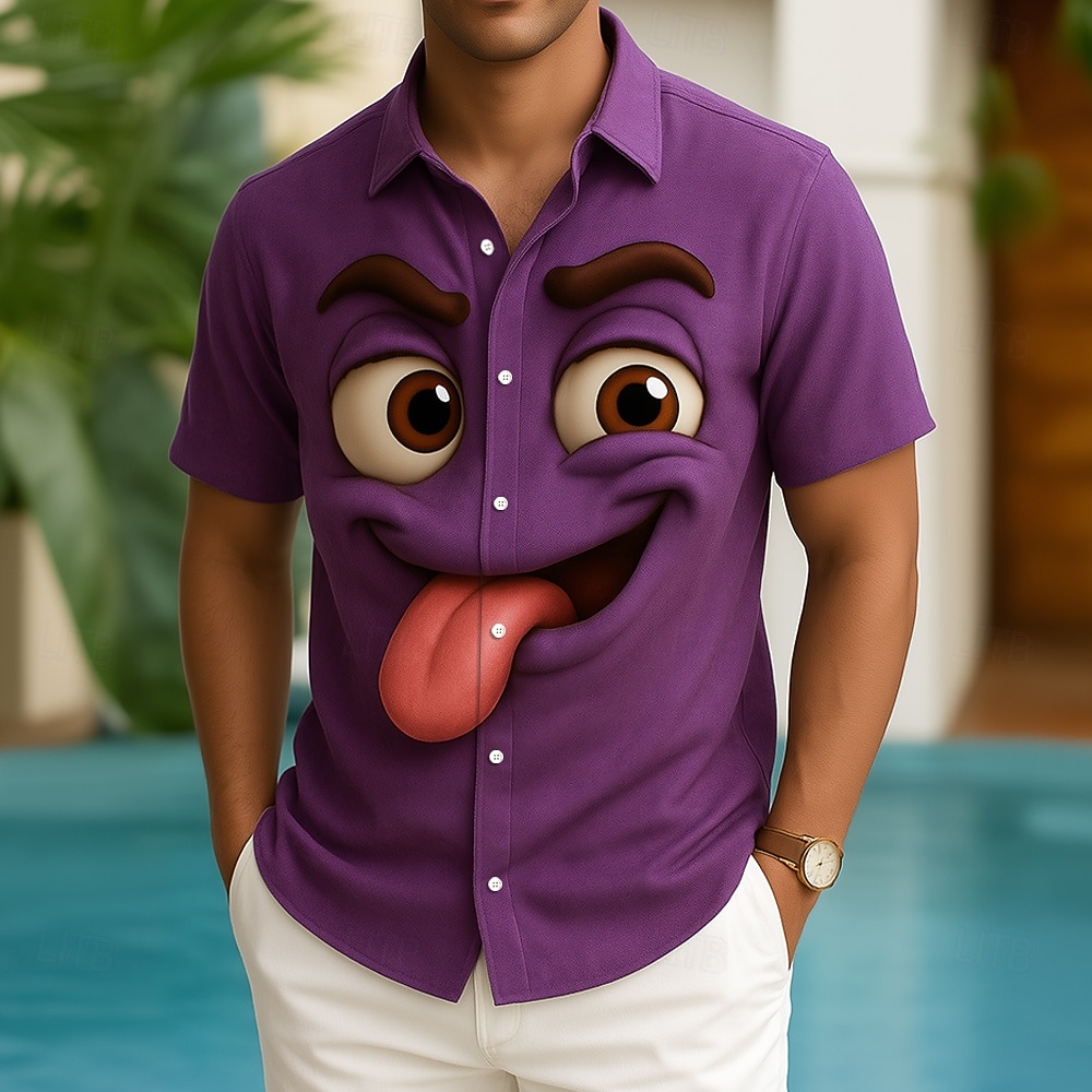Herren Optische Täuschung 3D Zeichentrick Lächelndes Gesicht Hemd Knopfhemd Kurzarm Modisch lässig Ferien Alltagstauglich Sommer Frühling Umlegekragen 3D-Druck Hemden mit Kragen Purpur Orange Grün 2026 - $25.99 –P2
