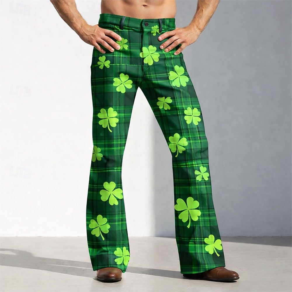 St. Patrick's Day Men's Four Leaf Clover Tartan Shamrock Trousers Disco Pants 60s 70s Bell Bottoms Mid Waist Vintage Retro Holiday Side Pockets Flared Leg Pants Trousers Summer Spring 3D Print White 2026 - $29.99 –P1
