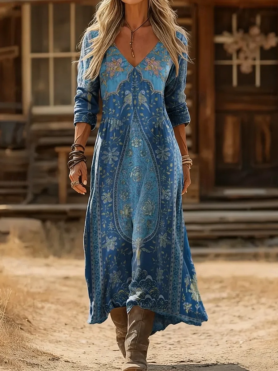 Женское макси-платье Boho Платье-обтягиватель Вечеринка Повседневное Ежедневная Встреча На выход Обычная посадка Графический Геометрический Пейсли Длинный рукав V-образный вырез Синий Черный 2026 - $37.99 –P3