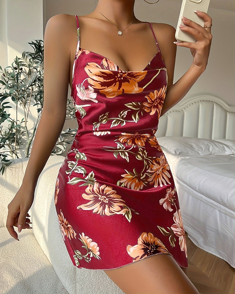 Damen Freizeitkleidung Nachthemd Sexy Lässig Weich Blumen Gerafft Rückenfrei Kleid Heim Urlaub Ärmellos V Ausschnitt Schwarz Rote Grün Sommer Frühling Normale Passform 2026 - $12.99 –P1