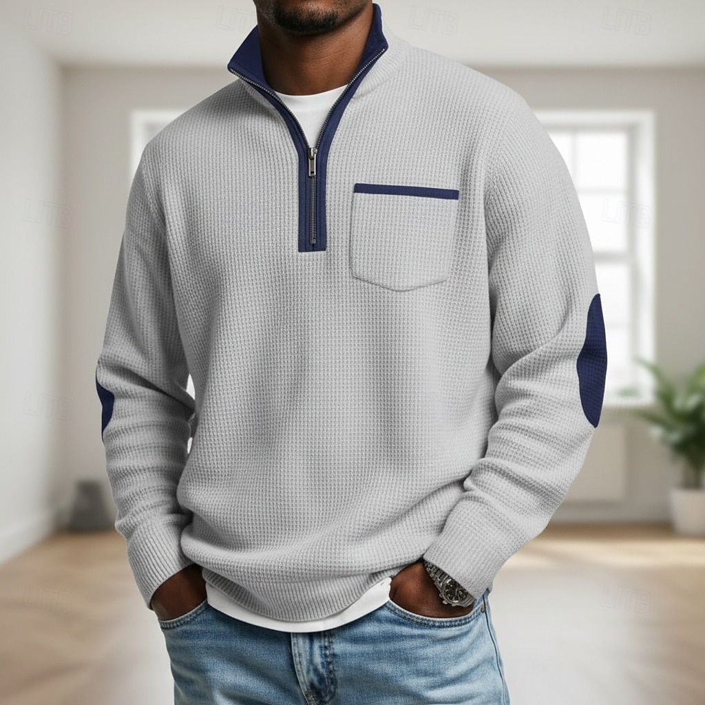 Herre Vaffel T-skjorte T skjorte Vaffel Henley-skjorte Herreskjorter med albuelapper Langermet Høyhalset Halv glidelås Høst vinter Helfarge Lapper Tradisjonell / vintage Fritid Lapper Fargeblokk 2026 - $24.99 –P2