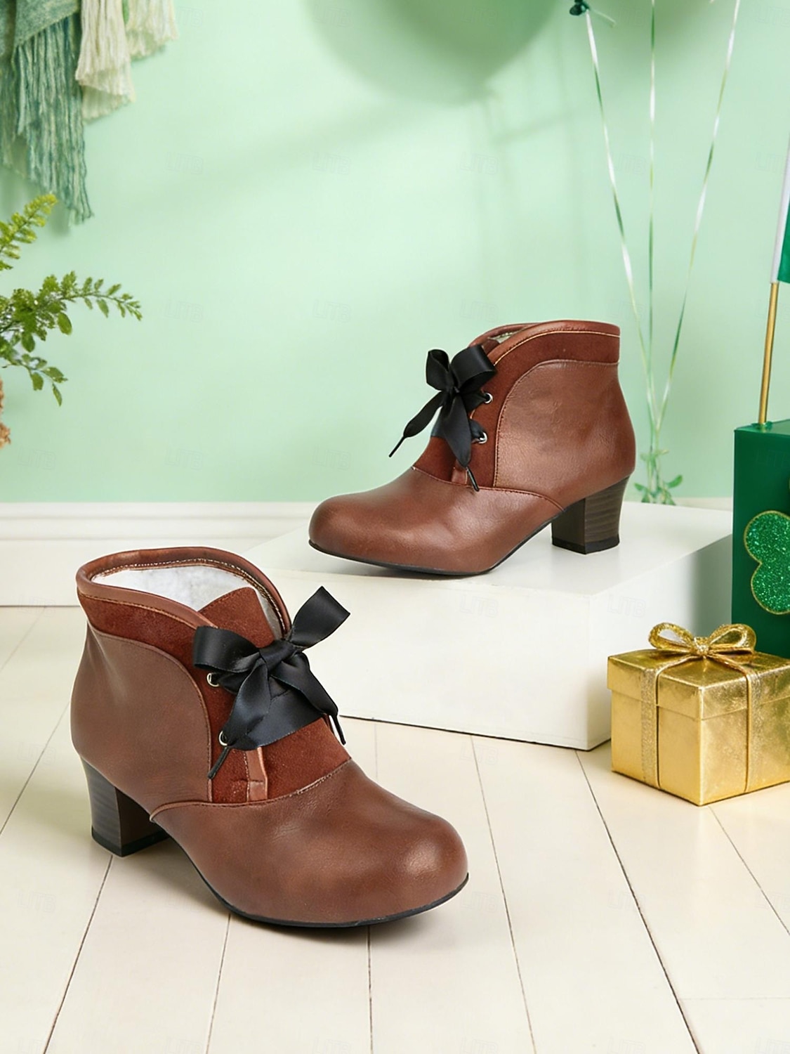 Damskie zielone, sznurowane botki do kostki z ozdobnym kokardką – stylowe i vintage na parady, uroczystości i festyny z okazji Dnia Świętego Patryka 2026 - $59.99 –P6