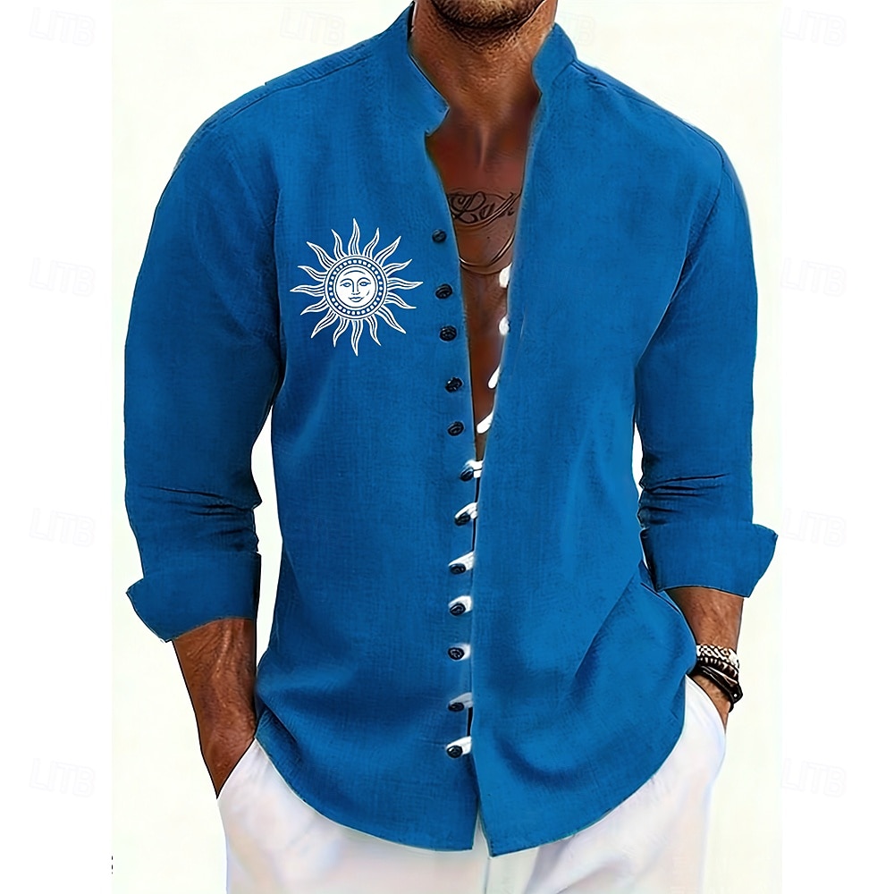 Homme Soleil Ethnique Culture indienne Chemise Chemise à col montant manche longue Vintage Rétro Occasionnel Vacances Printemps Automne Col mandarin Band Collar Boutonné Chemise en lin Bleu Jaune de 2026 ? $11.49 –P4