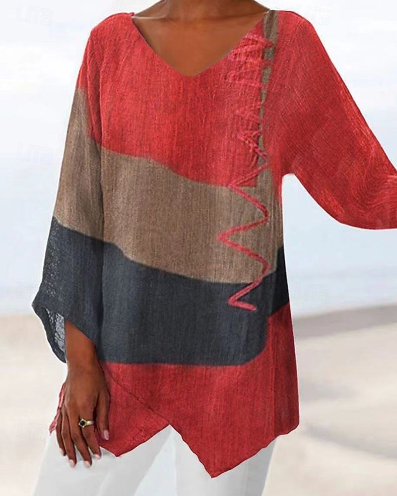 Жен. Футболка Пэчворк С принтом Контрастных цветов Винтаж Мода На каждый день Длинный рукав V-образный вырез Обычные топы Повседневные На выход выходные Синий Желтый Красный Лето Весна Осень 2026 - $25.99 –P1