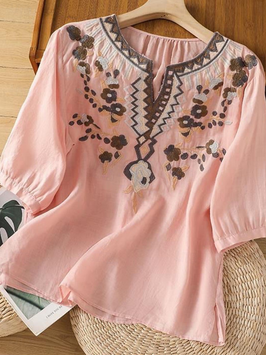 Mujer Blusa Lino de algodón sintético Frunce Bordado Floral Elegante Casual Manga 3/4 Cuello Barco Tops regulares Diario Azul Piscina Blanco Rosa Morado Verde Trébol Verano Primavera 2026 - $19.99 –P5