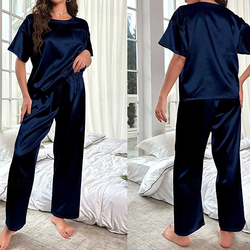 Mujer Ropa de salón Conjunto pijama Moda Casual Suave Color puro Retazos Pantalón Hogar Vacaciones Manga Corta Cuello Barco Azul Piscina Negro Vino Morado Caqui Verano Primavera Otoño Ajuste regular 2026 - $37.99 –P4