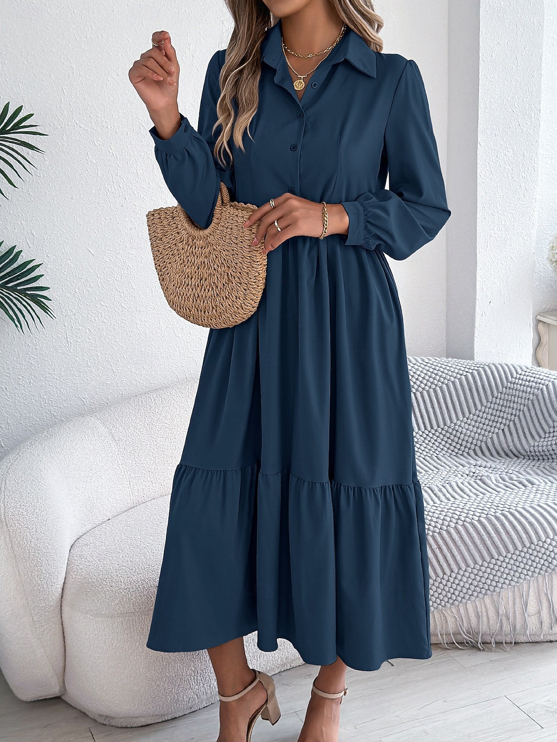 Women's Midi Dress A Line Dress Casual Daily Regular Fit Plain Long Sleeve Lapel Blue Navy Wine Green Spring 2026 - $36.99 –P6
