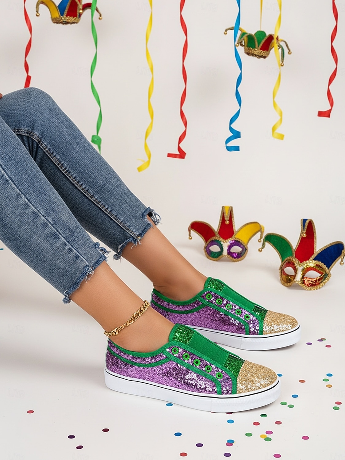 Dámské fialové třpytivé slip-on tenisky na Mardi Gras – Třpytivé boty pro hudební festivaly karnevalové párty a výrazné pouliční oblečení 2026 - $29.99 –P4