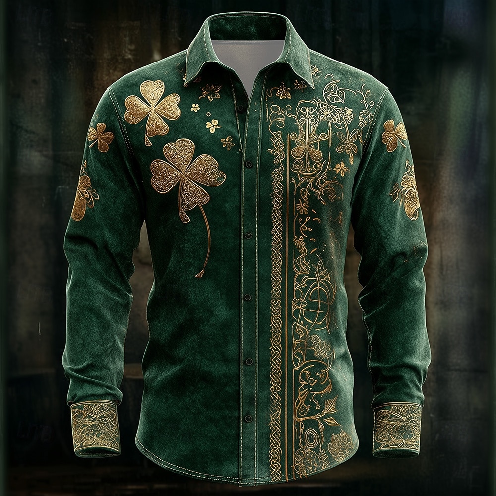 St. Patrick's Day Men's Four Leaf Clover Shamrock Celtic Art Shirt Button Up Shirt Long Sleeve Vintage Retro Holiday Spring Fall Turndown 3D Print Linen Like Shirt Green 1# Dark Red Green Dark Blue 2026 - $15.49 –P2