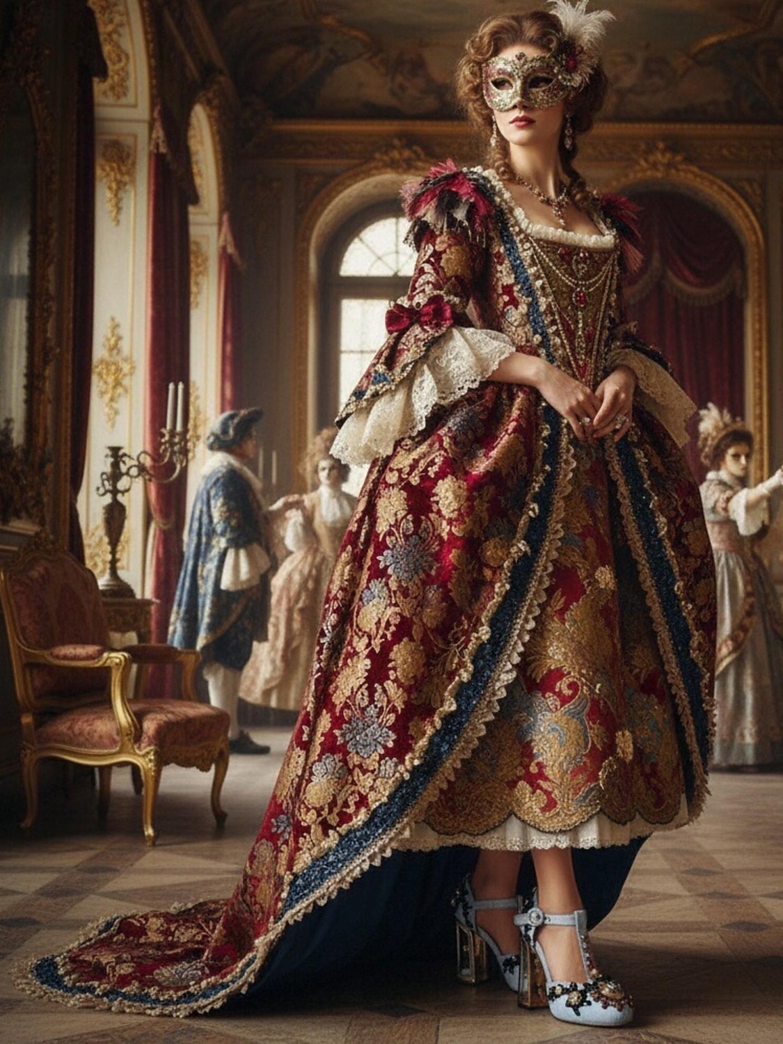 Damen Mardi Gras Barock-inspirierte Karneval T-Strap Heels – Verzierter Satin-Pumps mit goldenen Akzenten Strasssteinen und klobigen Absätzen für Maskeradenbälle und Feierlichkeiten 2026 - $109.99 –P4