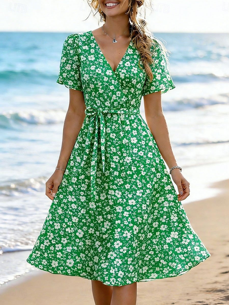 Women's Midi Dress Casual Dress A Line Dress Elegant Vacation Cute Holiday Date Regular Fit Floral Graphic Short Sleeve V Neck Blue Yellow Pink Purple Summer Spring Fall Winter 2026 - $29.99 –P2