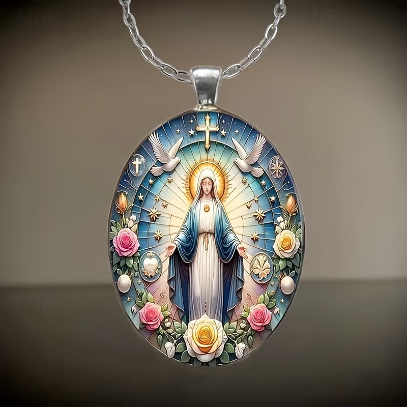 Jomfru Maria katolsk anhengskjede, religiøs kristen medalje med duer, kors og roser, åndelig smykkegave til kvinner 2026 - $9.99 –P1