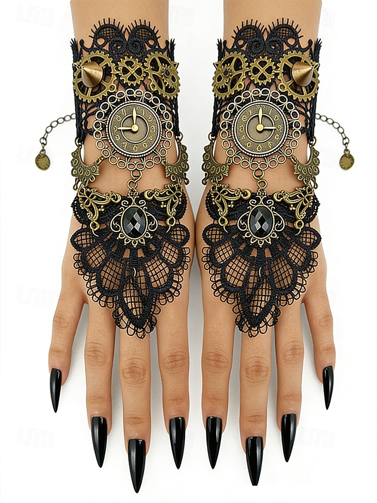 Damenschuhe Mardi Gras Steampunk viktorianische Spitzen-Handschuhe ohne Finger - Legierungs-Uhren- und Zahnräder-Zubehör für Karneval  Halloween-Kostüm 2026 - $14.99 –P9
