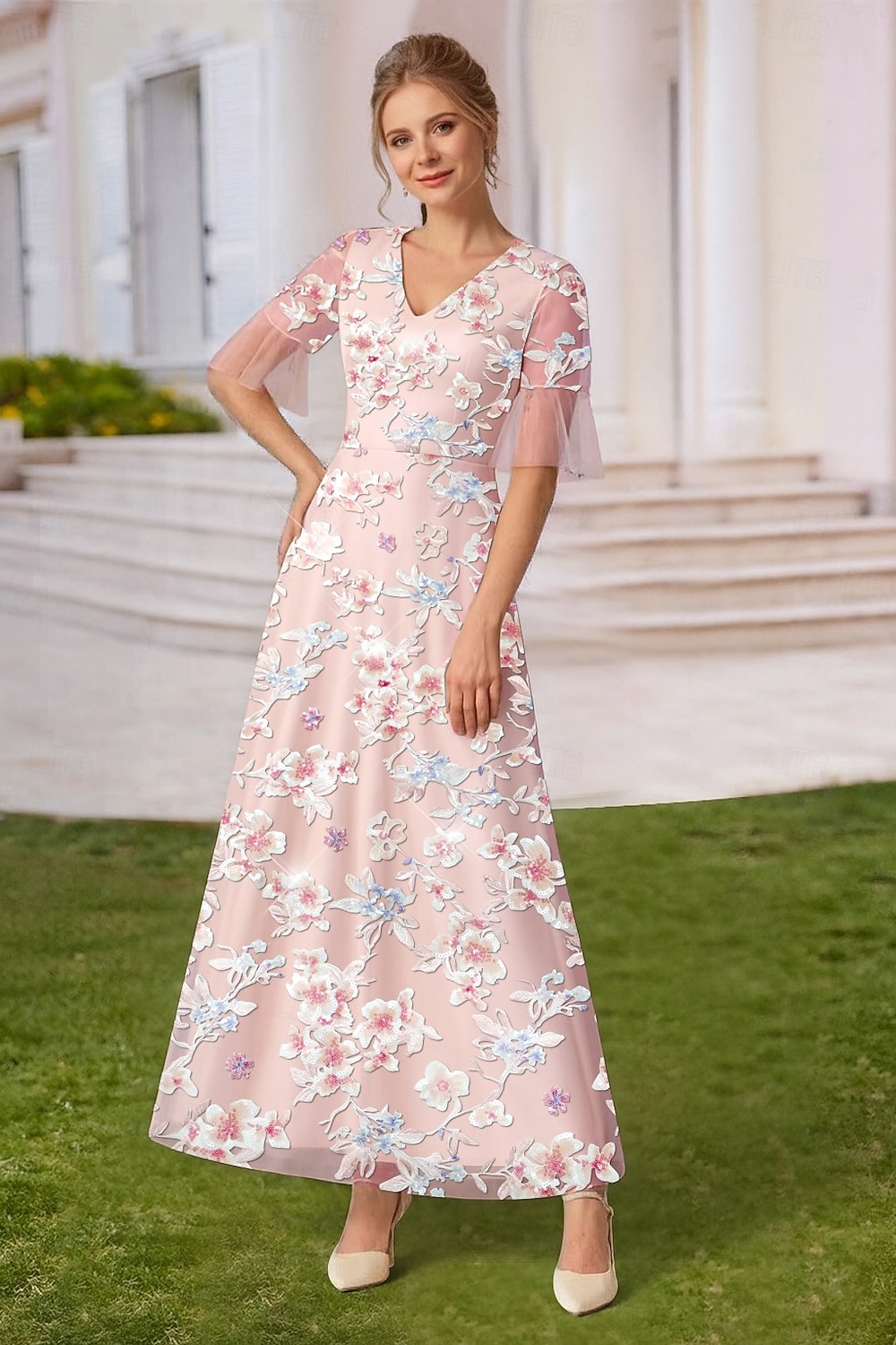 Corte A Vestidos Hasta el Suelo Hasta el Tobillo Bordado con cuentas Vestido de Fiesta Vestido Cóctel Vestido de Madrina Manga Corta Escote en Pico Elegante Vintage Formal Encaje Tul con Cuentas 2026 - $194.99 –P1